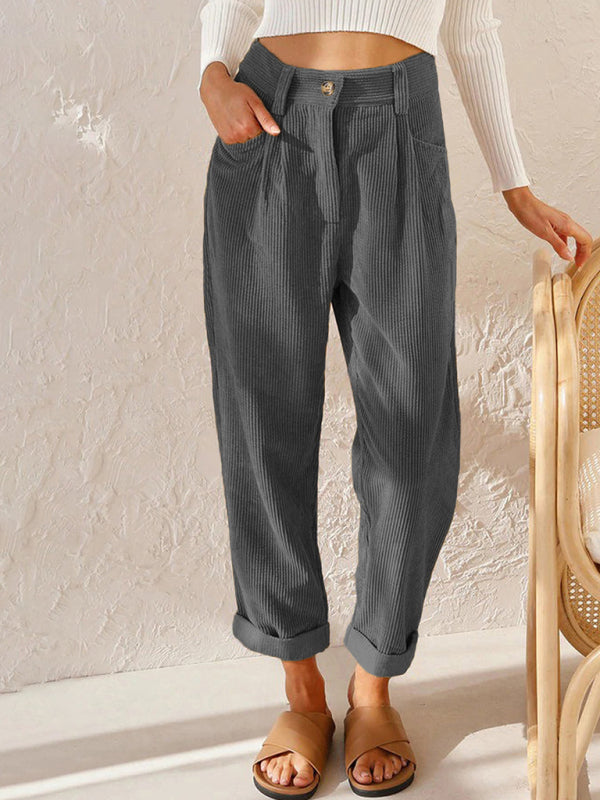 Mylah High Waist Lounge Pants Solid Color Corduroy Loose Straight Leg Trousers