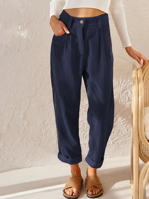 Mylah High Waist Lounge Pants Solid Color Corduroy Loose Straight Leg Trousers