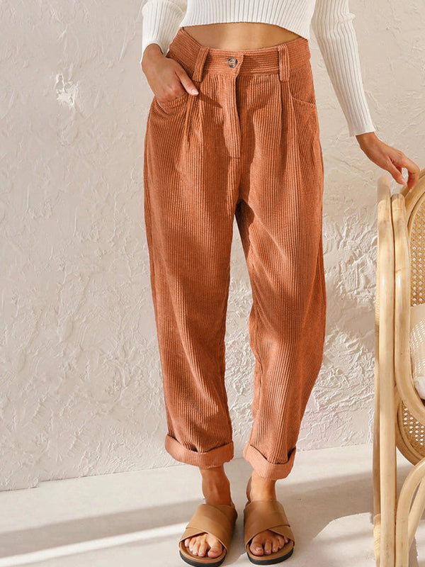 Mylah High Waist Lounge Pants Solid Color Corduroy Loose Straight Leg Trousers