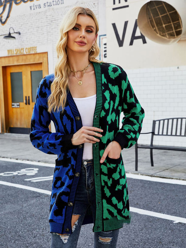 Beverly Women's Mid-Length Leopard Print Stitching Sweater Knitted Cardigan Coat