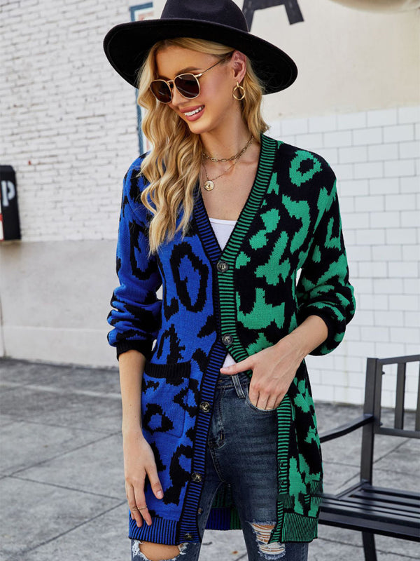 Beverly Women's Mid-Length Leopard Print Stitching Sweater Knitted Cardigan Coat