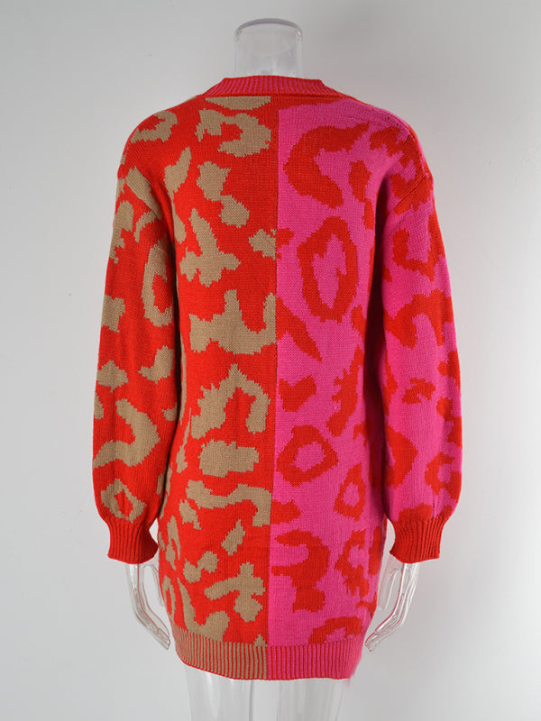 Beverly Women's Mid-Length Leopard Print Stitching Sweater Knitted Cardigan Coat