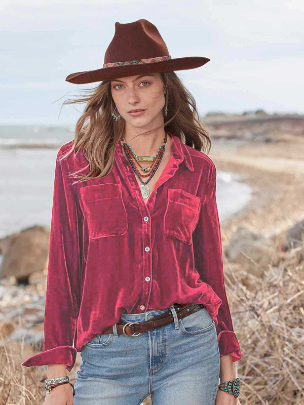 Chenoa Long-Sleeved All-Match Velvet And Golden Velvet Top With Loose Base Lining