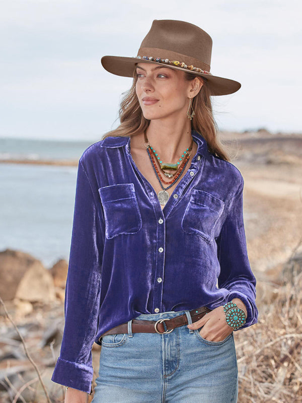 Chenoa Long-Sleeved All-Match Velvet And Golden Velvet Top With Loose Base Lining