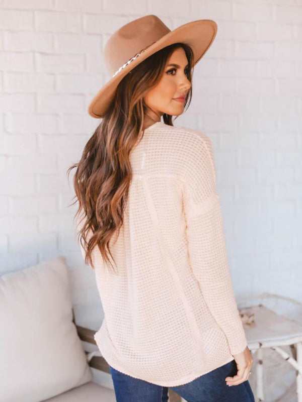 Havanna Women's Open Button V-Neck Knit Long Sleeve Top