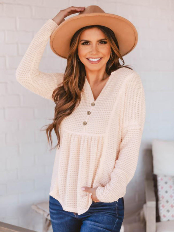 Havanna Women's Open Button V-Neck Knit Long Sleeve Top