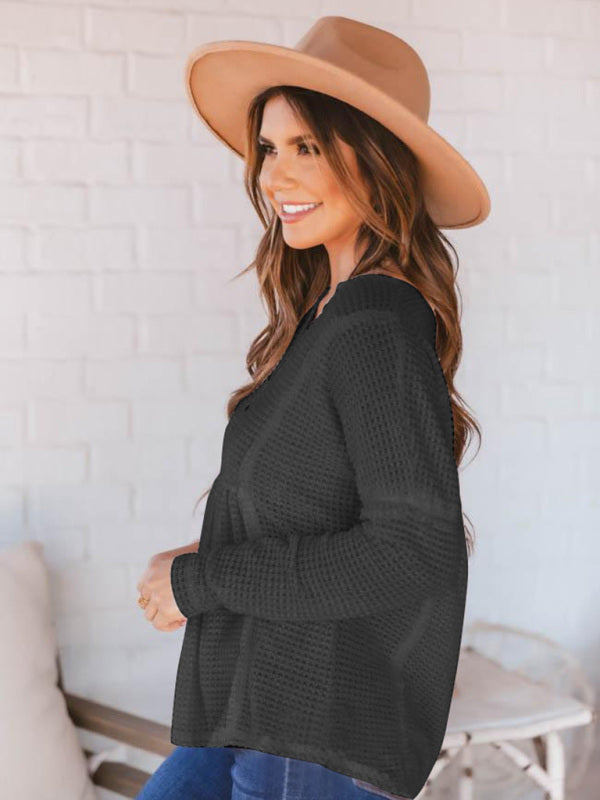 Havanna Women's Open Button V-Neck Knit Long Sleeve Top