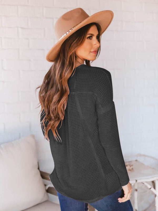 Havanna Women's Open Button V-Neck Knit Long Sleeve Top