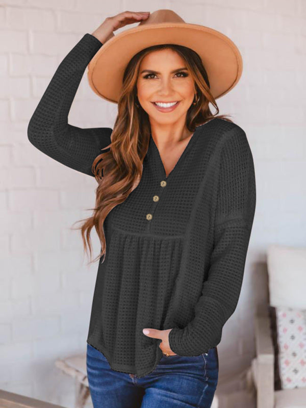 Havanna Women's Open Button V-Neck Knit Long Sleeve Top
