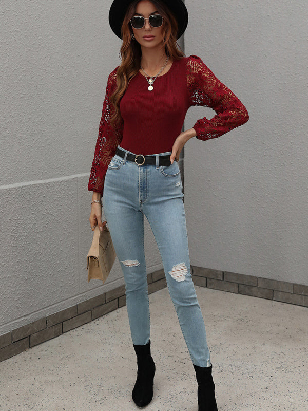 Luciana Women Floral Lace Sleeve Knit Top