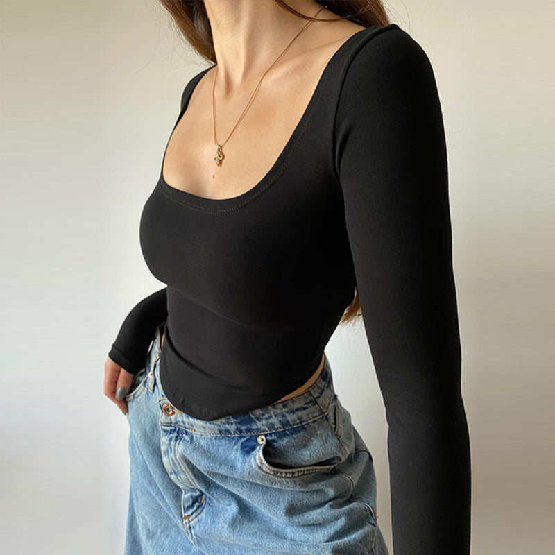 Ellen Women's Knit Square Neck Long Sleeve Cropped T-Shirt