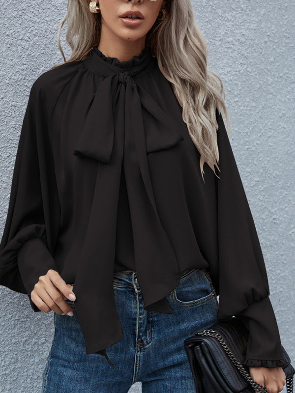 Fara High-Neck Bow Tie Bubble Long-Sleeved Loose All-Match Top