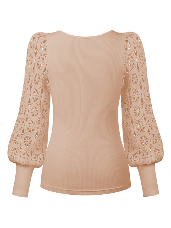 Kristal Women's Paneled Lace Long Sleeve Pullover T-Shirt