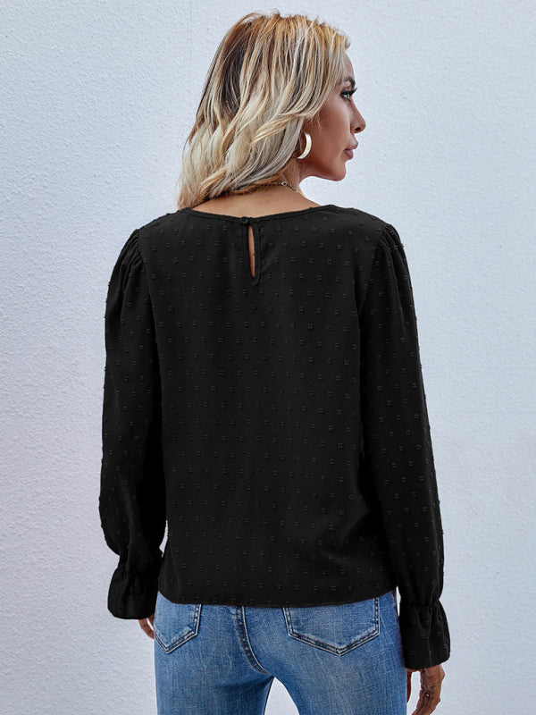 Luella Women's Solid Color Round Neck Long Sleeve Jacquard Polka Dot Shirt