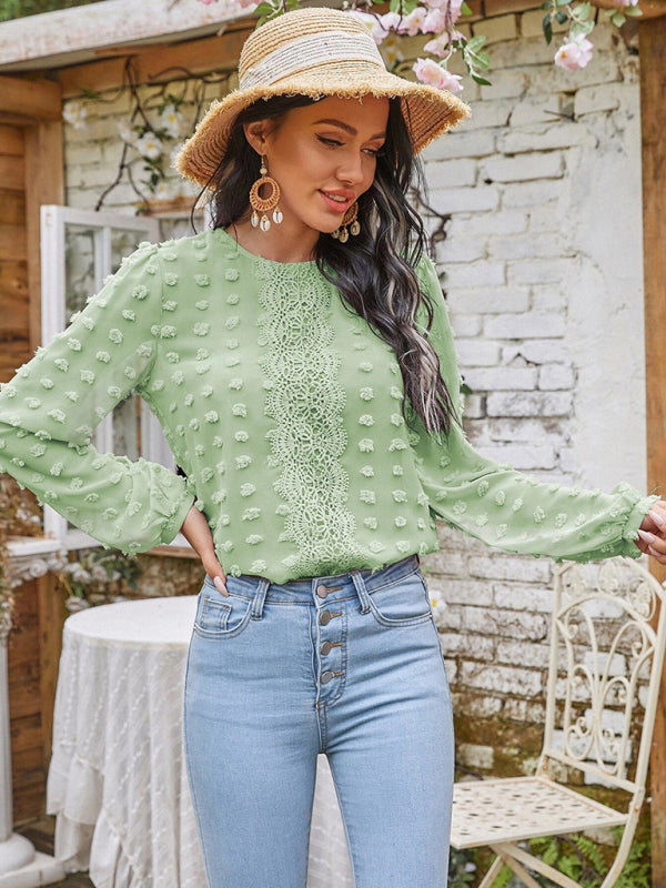 Louisa Women's Round Neck Balloon Sleeve Solid Color Lace Shirt