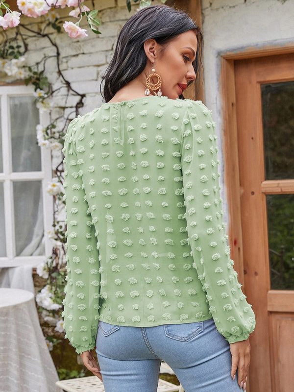 Louisa Women's Round Neck Balloon Sleeve Solid Color Lace Shirt