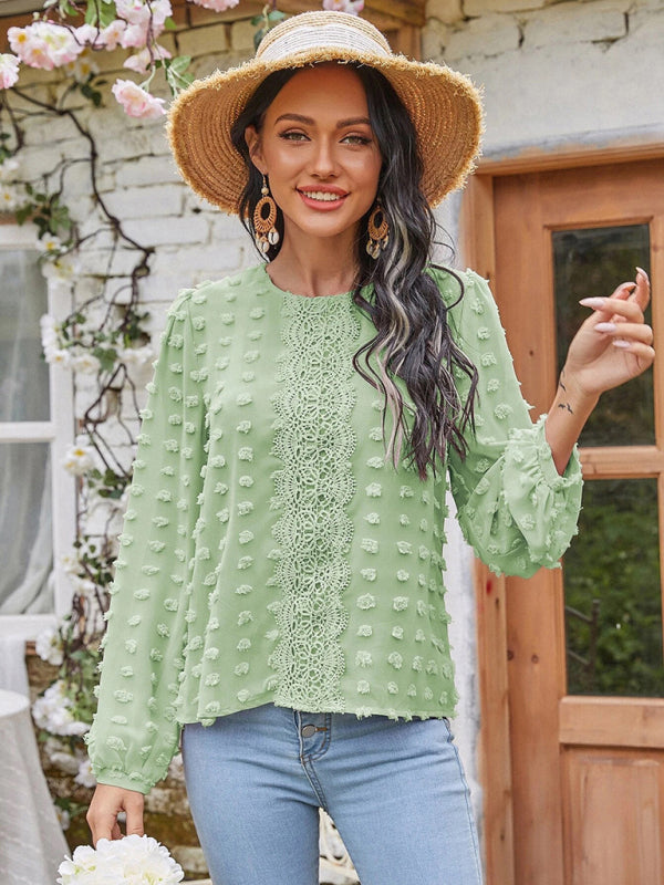 Louisa Women's Round Neck Balloon Sleeve Solid Color Lace Shirt