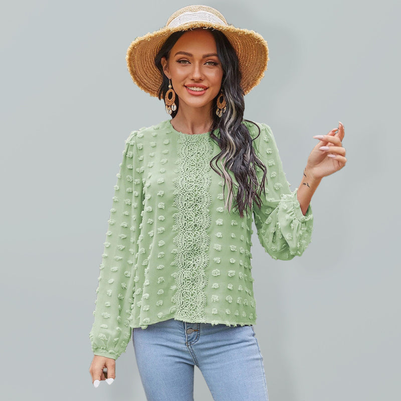 Louisa Women's Round Neck Balloon Sleeve Solid Color Lace Shirt