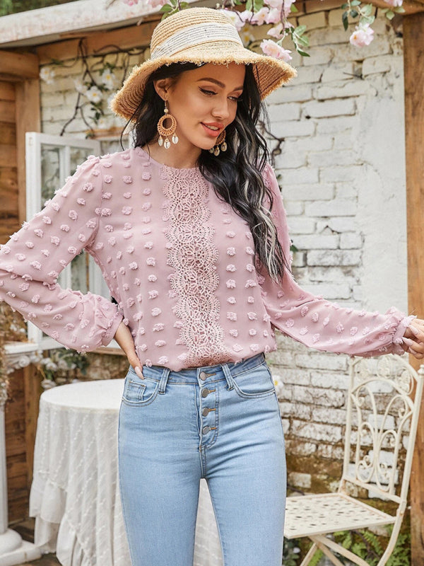 Louisa Women's Round Neck Balloon Sleeve Solid Color Lace Shirt