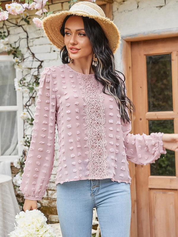 Louisa Women's Round Neck Balloon Sleeve Solid Color Lace Shirt