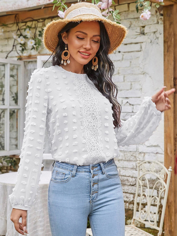 Louisa Women's Round Neck Balloon Sleeve Solid Color Lace Shirt