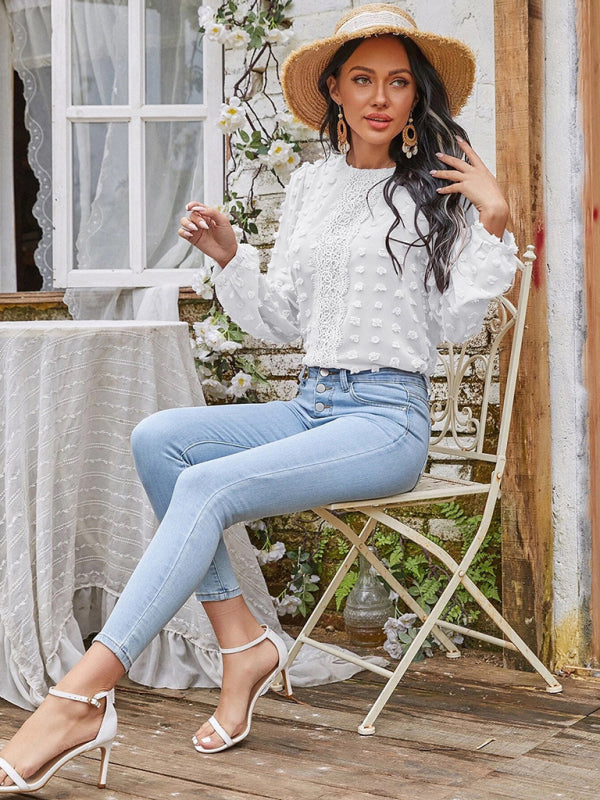 Louisa Women's Round Neck Balloon Sleeve Solid Color Lace Shirt