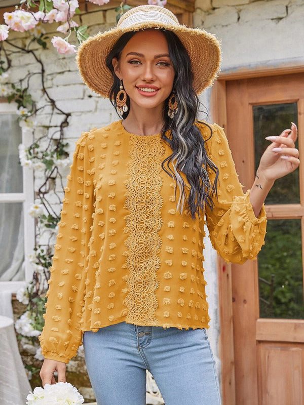 Louisa Women's Round Neck Balloon Sleeve Solid Color Lace Shirt