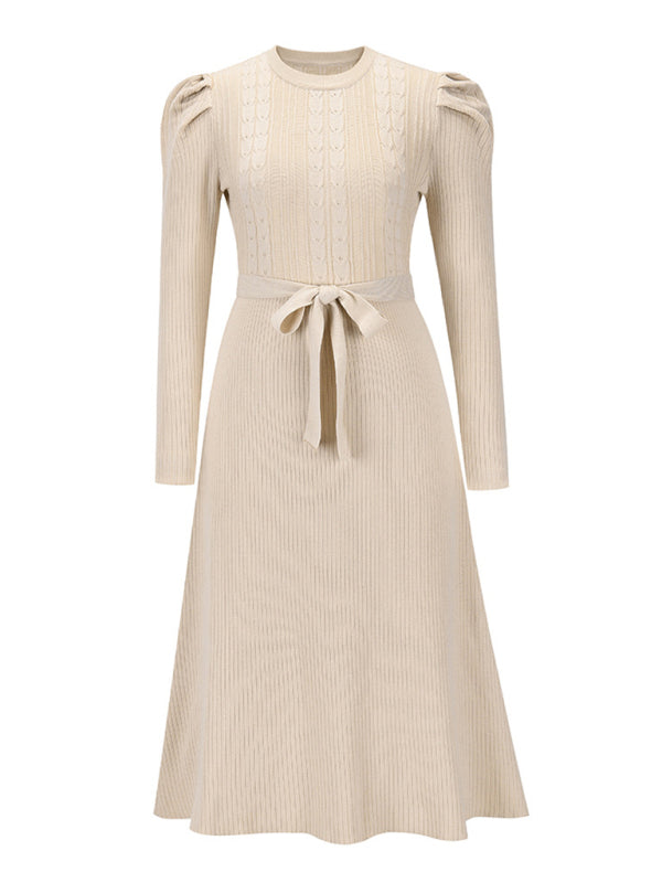 Lydia Women's Fashion Wool Knitted Puff Sleeve High Waist Mid Length Dress