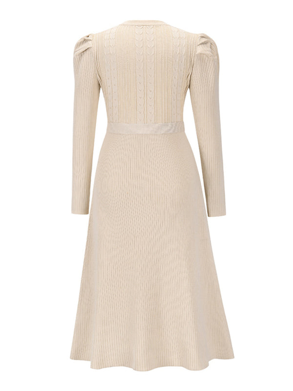 Lydia Women's Fashion Wool Knitted Puff Sleeve High Waist Mid Length Dress