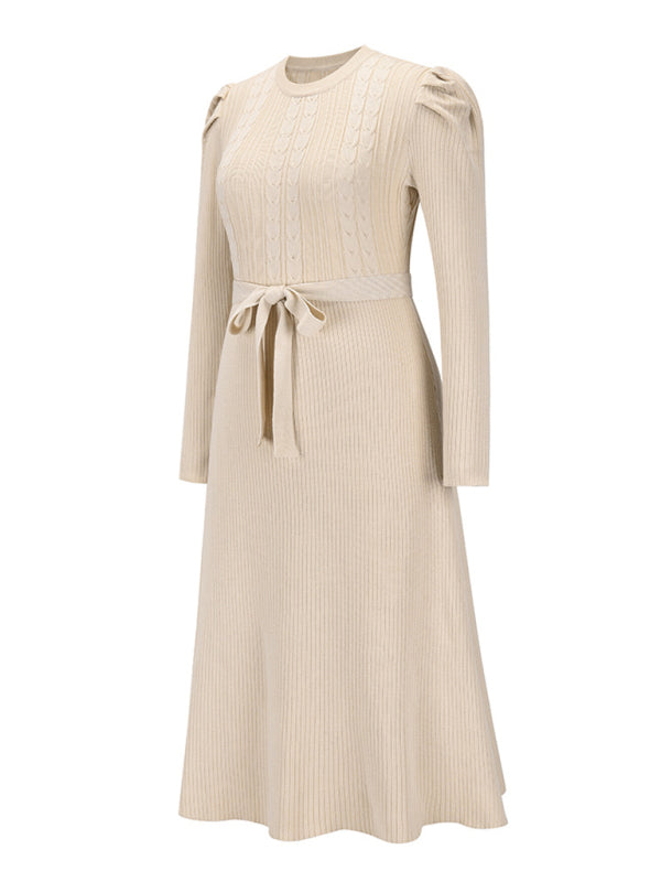 Lydia Women's Fashion Wool Knitted Puff Sleeve High Waist Mid Length Dress