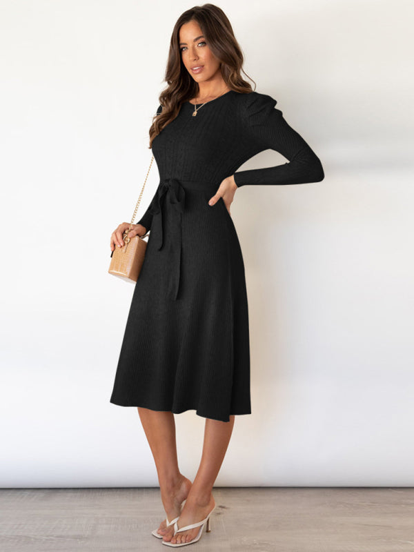 Lydia Women's Fashion Wool Knitted Puff Sleeve High Waist Mid Length Dress