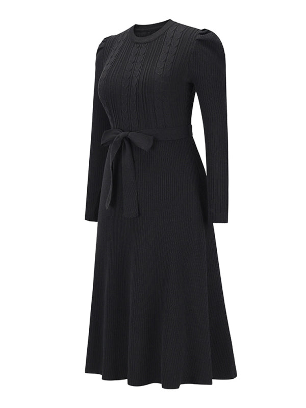 Lydia Women's Fashion Wool Knitted Puff Sleeve High Waist Mid Length Dress