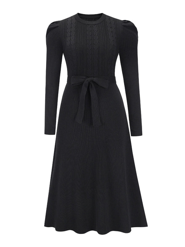 Lydia Women's Fashion Wool Knitted Puff Sleeve High Waist Mid Length Dress