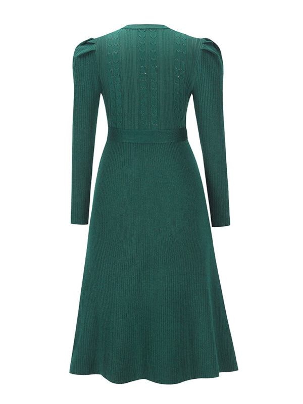 Lydia Women's Fashion Wool Knitted Puff Sleeve High Waist Mid Length Dress