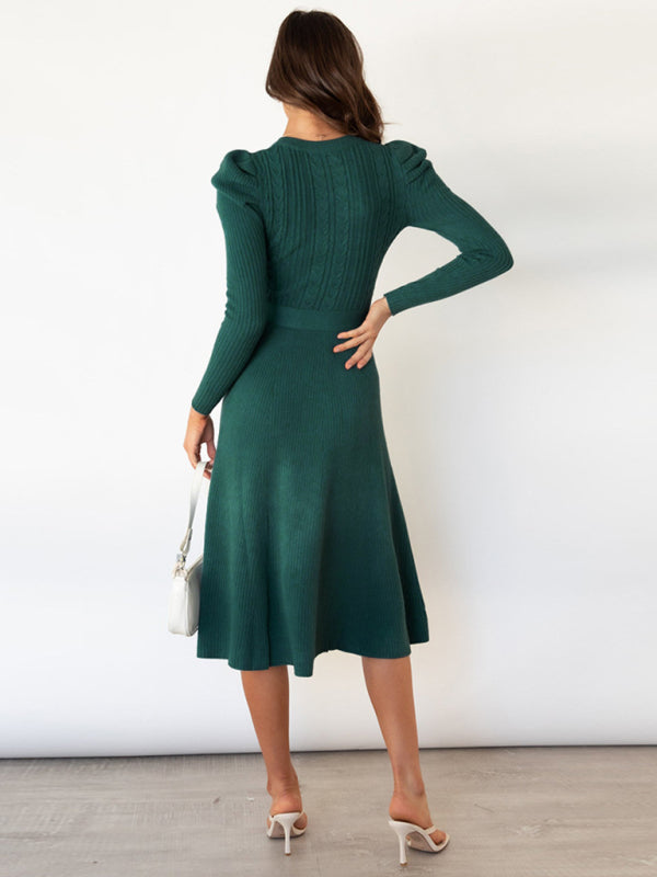 Lydia Women's Fashion Wool Knitted Puff Sleeve High Waist Mid Length Dress