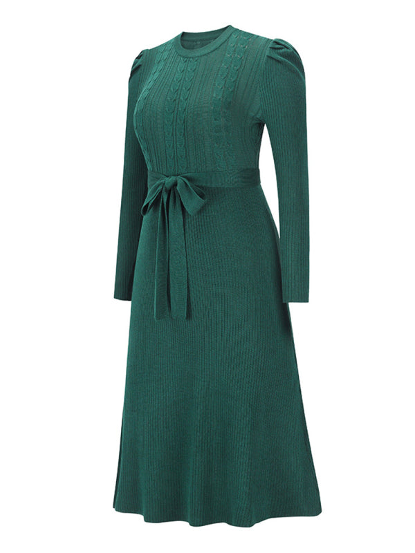 Lydia Women's Fashion Wool Knitted Puff Sleeve High Waist Mid Length Dress