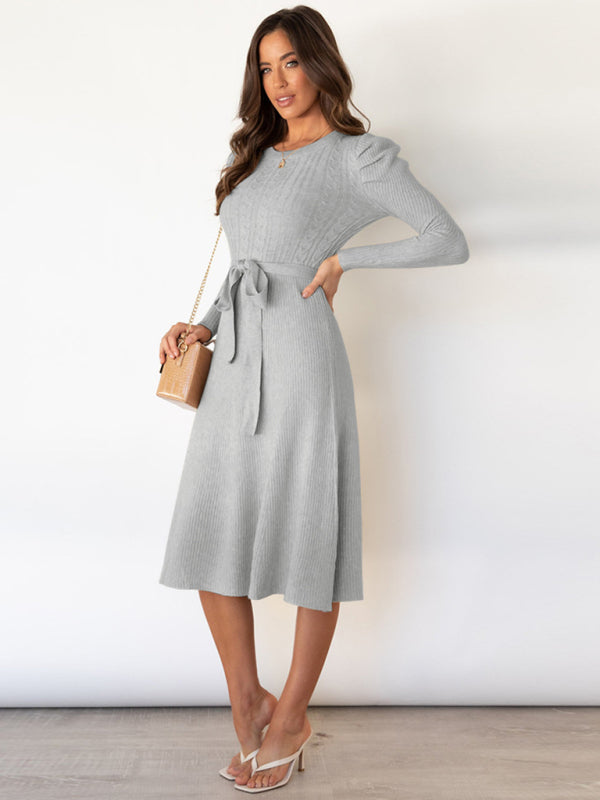 Lydia Women's Fashion Wool Knitted Puff Sleeve High Waist Mid Length Dress