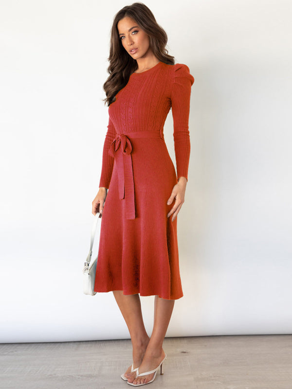 Lydia Women's Fashion Wool Knitted Puff Sleeve High Waist Mid Length Dress