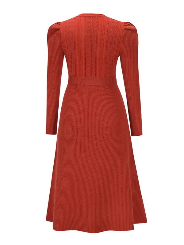 Lydia Women's Fashion Wool Knitted Puff Sleeve High Waist Mid Length Dress