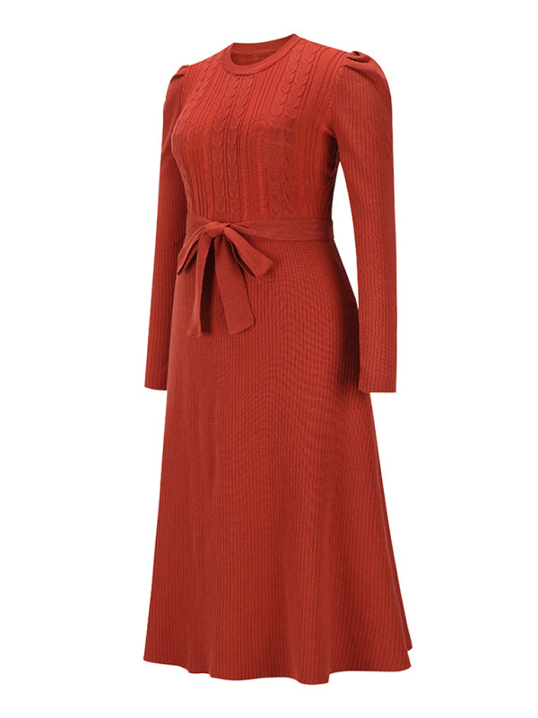 Lydia Women's Fashion Wool Knitted Puff Sleeve High Waist Mid Length Dress