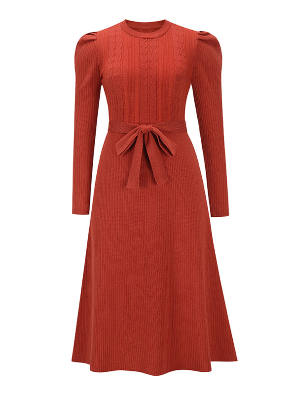 Lydia Women's Fashion Wool Knitted Puff Sleeve High Waist Mid Length Dress