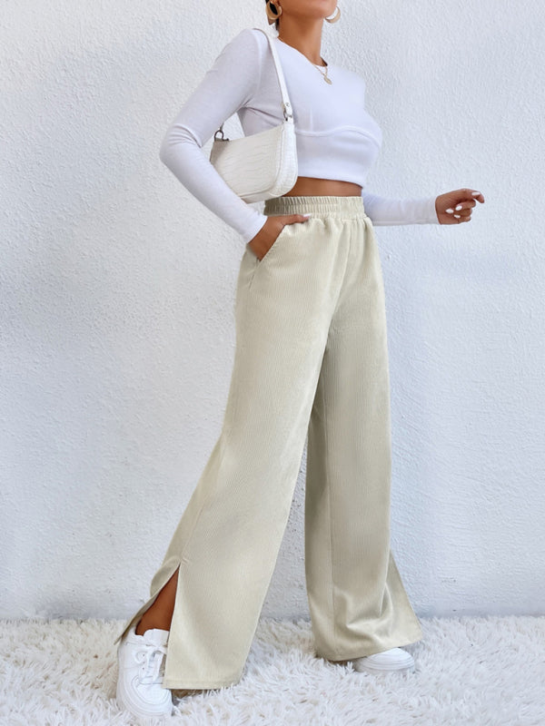 Charlotte Women's solid color corduroy paneled slit wide-leg trousers