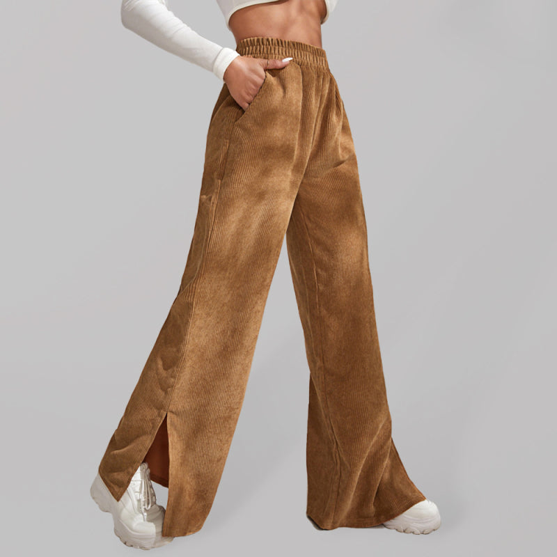 Charlotte Women's solid color corduroy paneled slit wide-leg trousers