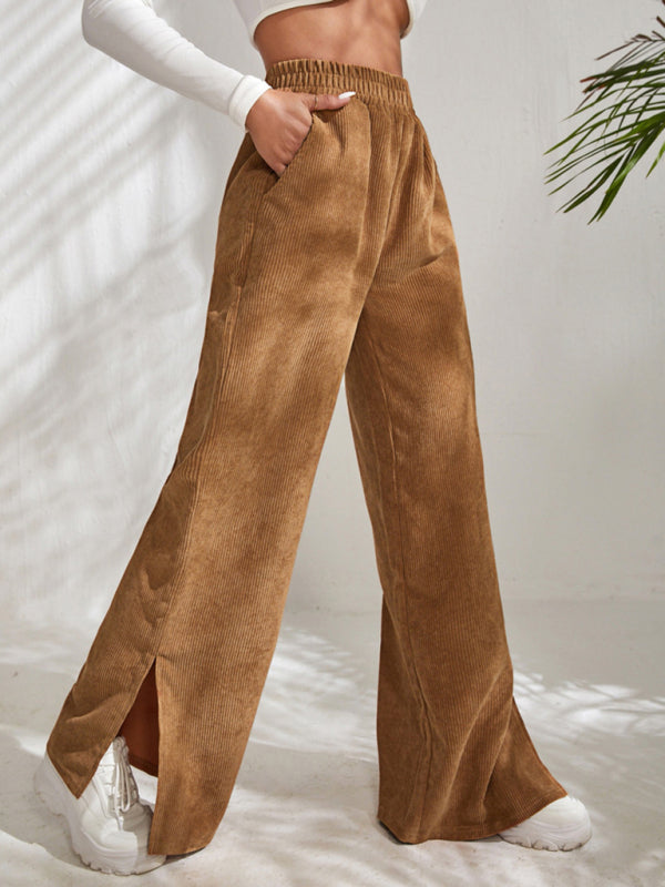 Charlotte Women's solid color corduroy paneled slit wide-leg trousers