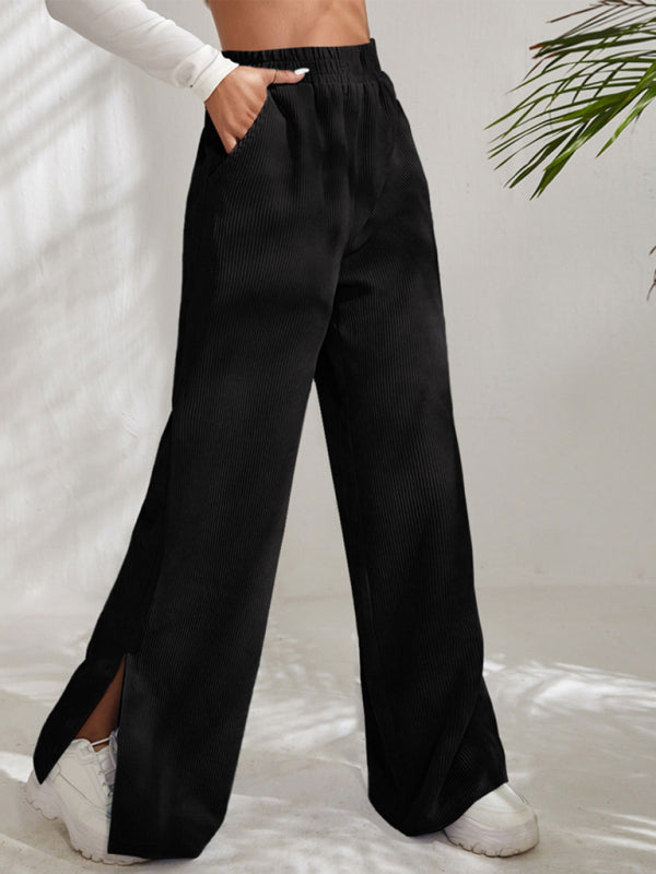 Charlotte Women's solid color corduroy paneled slit wide-leg trousers