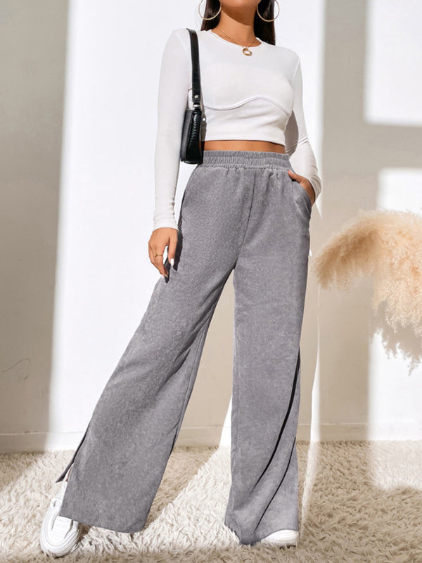 Charlotte Women's solid color corduroy paneled slit wide-leg trousers