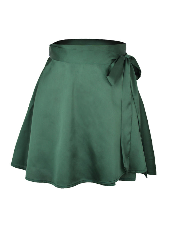 Anya Solid Color Skirt High Waist Fashion One Piece Tie Skirt Chiffon Satin Wrap Skirt
