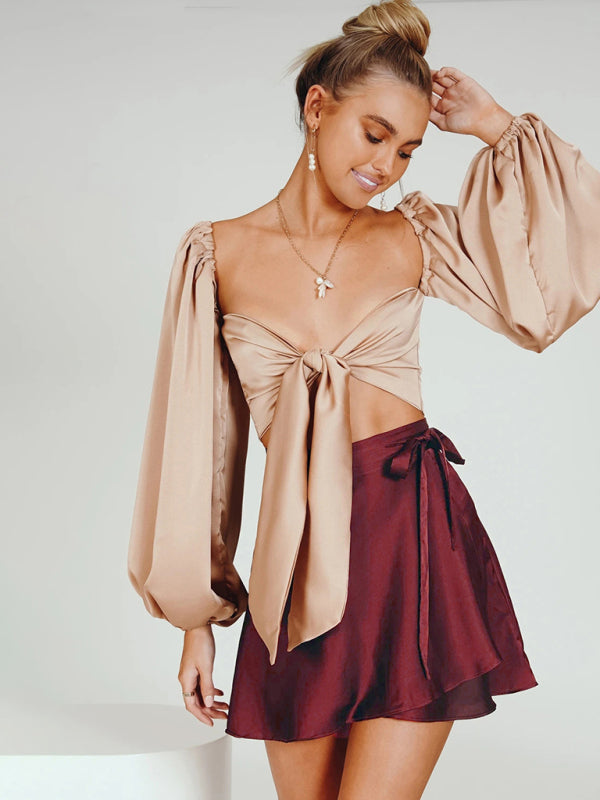 Anya Solid Color Skirt High Waist Fashion One Piece Tie Skirt Chiffon Satin Wrap Skirt