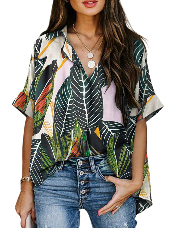 Lavinia New Half Open V-Neck Leopard Print Short-Sleeved Shirt