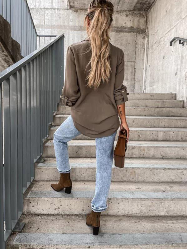 Bethel Women's New Simple Solid Color Pull-Sleeve V-Neck Button Lapel Shirt